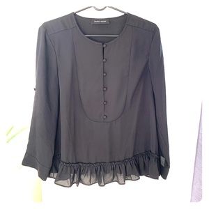 Black button 3/4 sleeve ruffle detail top